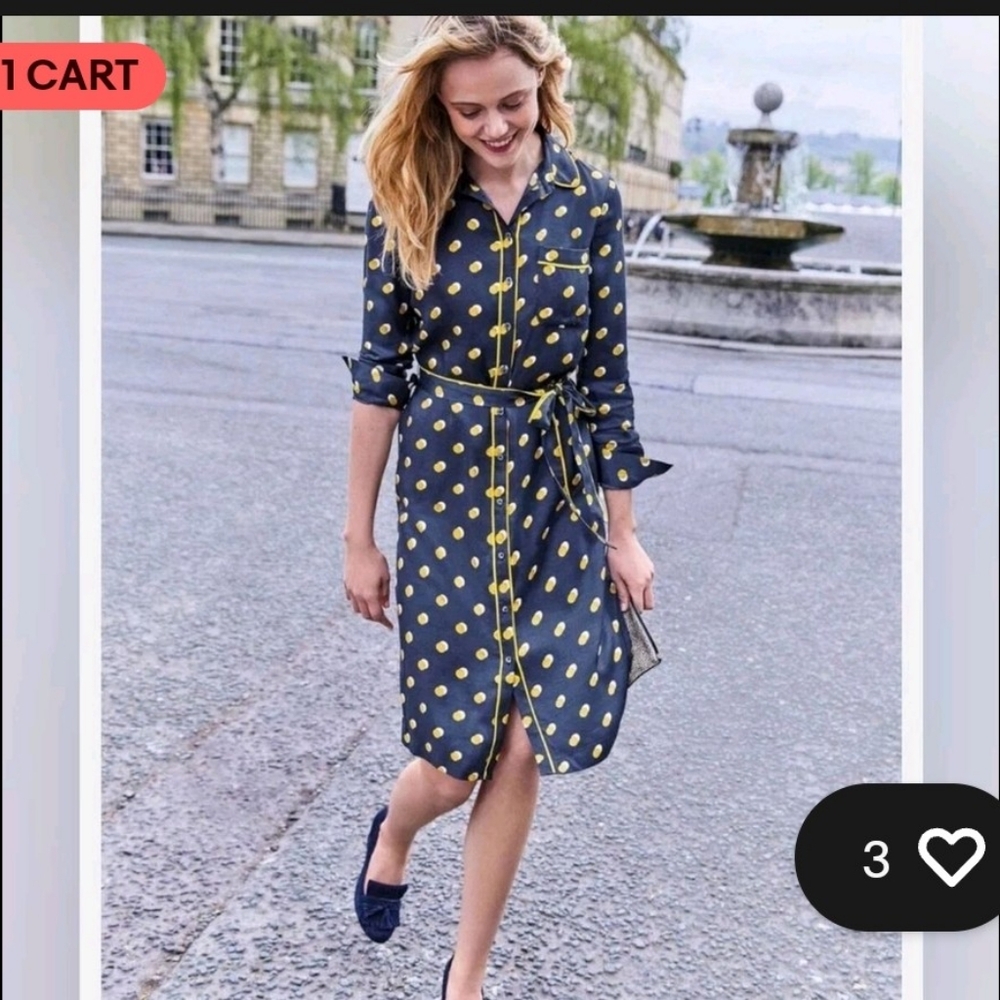 BODEN Jenna Women's Shirt Dress Navy and Yellow Midi Length Size 12R